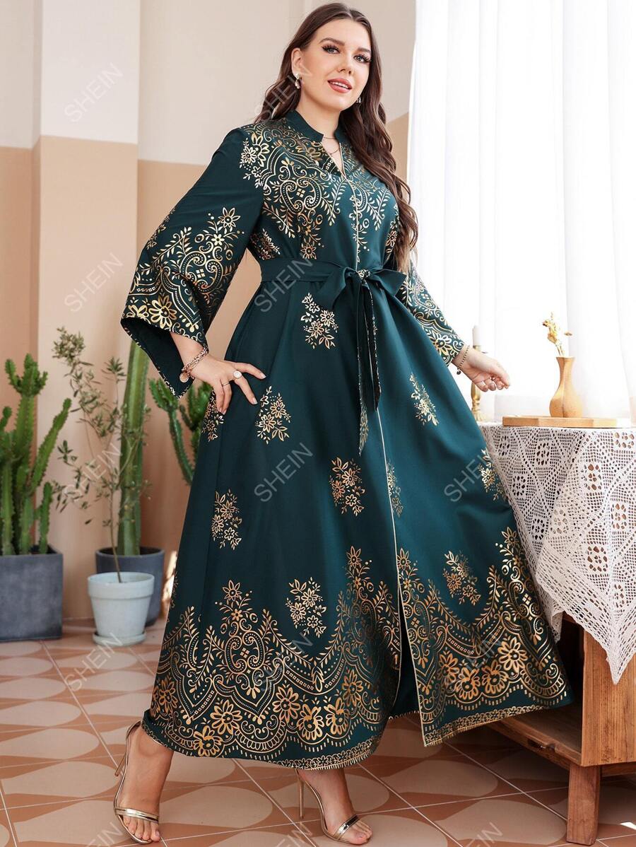 Al Najma Maxikleid für Damen mit Gürtel und zufälligem Blume Muster - Dunkelgrün - Übersicht 1
