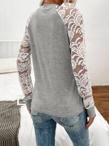SHEIN LUNE Contrast Lace Raglan Sleeve Tee - Light Grey - View 2