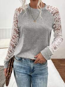 SHEIN LUNE Contrast Lace Raglan Sleeve Tee - Light Grey - View 4