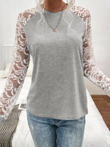 SHEIN LUNE Contrast Lace Raglan Sleeve Tee - Light Grey - View 5