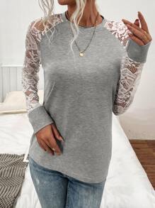 SHEIN LUNE Contrast Lace Raglan Sleeve Tee - Light Grey - View 3