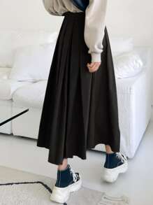 DAZY High Waist Fold Pleated Skirt - Black - View 2