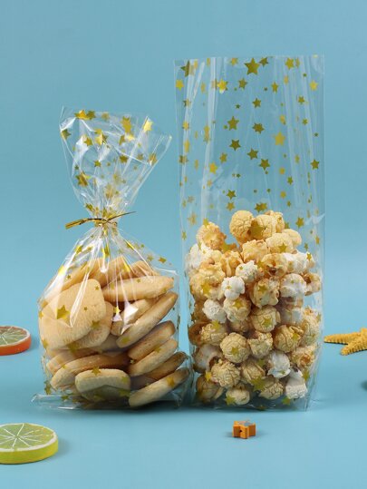 50pcs Star Print Kitchen Cookie Packaging Bag,Treat Bag,Good For Bakery, Cookies, Candies ,Dessert,Give Metallic Twist Tie School Supplies Food Bag Food Box Suitable For Candy Chocolate Cookies Etc.