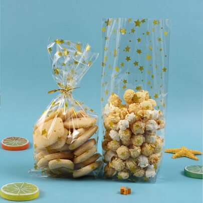 50pcs Star Print Kitchen Cookie Packaging Bag,Treat Bag,Good For Bakery, Cookies, Candies ,Dessert,Give Metallic Twist Tie School Supplies Food Bag Food Box Suitable For Candy Chocolate Cookies Etc.