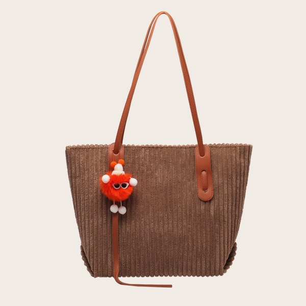 

Pom Pom Decor Shoulder Tote Bag, Brown