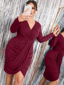 大碼素色褶邊交叉不對稱下擺連衣裙 - 酒紅色 - 查看 3