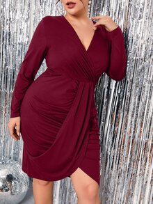 大碼素色褶邊交叉不對稱下擺連衣裙 - 酒紅色 - 查看 5