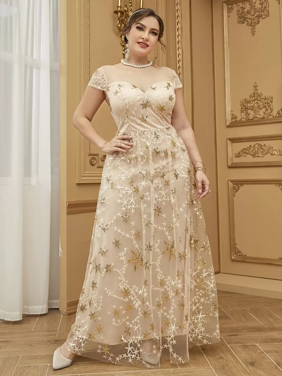 SHEIN Belle 大碼星星刺繡網紗伴娘洋裝