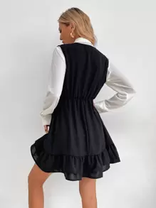 Pariaura 1pc Solid Ruffle Hem Dress Without Belt,Ladies Casual Button,Ruffle Hem,Tiered Layer Sleeveless Deep V Neck Regular Fit Short Black Plain A Line Women Short Dresses,Spring/Fall,Casual Daily Wear - Black - View 2