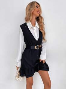 Pariaura 1pc Solid Ruffle Hem Dress Without Belt,Ladies Casual Button,Ruffle Hem,Tiered Layer Sleeveless Deep V Neck Regular Fit Short Black Plain A Line Women Short Dresses,Spring/Fall,Casual Daily Wear - Black - View 5