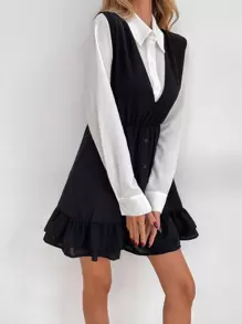 Pariaura 1pc Solid Ruffle Hem Dress Without Belt,Ladies Casual Button,Ruffle Hem,Tiered Layer Sleeveless Deep V Neck Regular Fit Short Black Plain A Line Women Short Dresses,Spring/Fall,Casual Daily Wear - Black - View 6