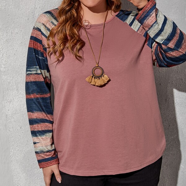 

Plus Striped Print Raglan Sleeve Tee, Multicolor