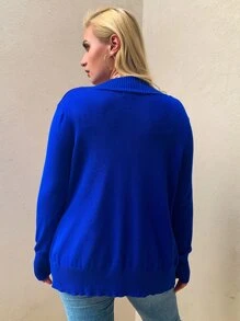 Plus Open Front Patch Pocket Cardigan, For Winter - 寶藍色 - 查看 2