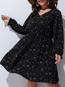SHEIN Clasi Plus Ditsy Floral Print A-line Dress - Black - View 5