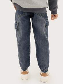 男孩復古&多功能水洗牛仔褲,彈性袖口,大口袋,春秋實用褲 - 中等水洗藍 - 查看 2