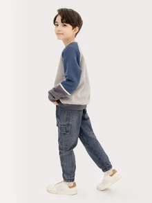 男孩復古&多功能水洗牛仔褲,彈性袖口,大口袋,春秋實用褲 - 中等水洗藍 - 查看 3