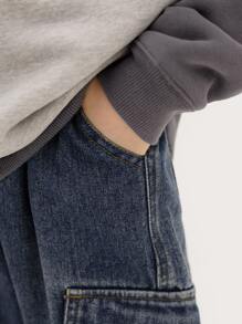 男孩復古&多功能水洗牛仔褲,彈性袖口,大口袋,春秋實用褲 - 中等水洗藍 - 查看 6