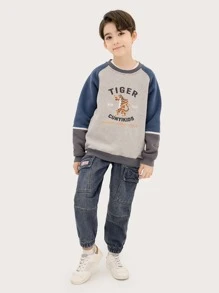 男孩復古&多功能水洗牛仔褲,彈性袖口,大口袋,春秋實用褲 - 中等水洗藍 - 查看 7