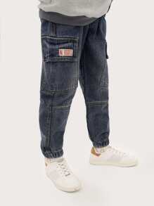 男孩復古&多功能水洗牛仔褲,彈性袖口,大口袋,春秋實用褲 - 中等水洗藍 - 查看 8