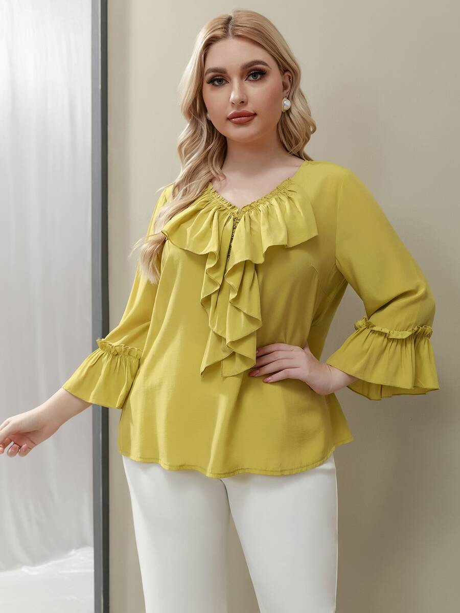 SHEIN Unity Áo sơ mi Plus Size Xù màu trơn Giải trí - Màu Mù tạt vàng - Xem 1