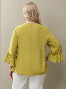 SHEIN Unity Áo sơ mi Plus Size Xù màu trơn Giải trí - Màu Mù tạt vàng - Xem 2