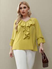 SHEIN Unity Áo sơ mi Plus Size Xù màu trơn Giải trí - Màu Mù tạt vàng - Xem 3