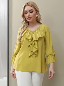 SHEIN Unity Áo sơ mi Plus Size Xù màu trơn Giải trí - Màu Mù tạt vàng - Xem 4