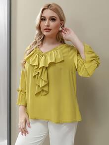 SHEIN Unity Áo sơ mi Plus Size Xù màu trơn Giải trí - Màu Mù tạt vàng - Xem 5