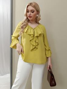 SHEIN Unity Áo sơ mi Plus Size Xù màu trơn Giải trí - Màu Mù tạt vàng - Xem 6