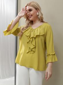 SHEIN Unity Áo sơ mi Plus Size Xù màu trơn Giải trí - Màu Mù tạt vàng - Xem 7