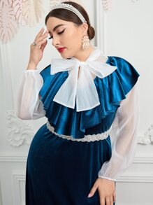 Modelyn Plus Tie Neck Blouse & Ruffle Trim Dress Without Belt - Navy Blue - View 4