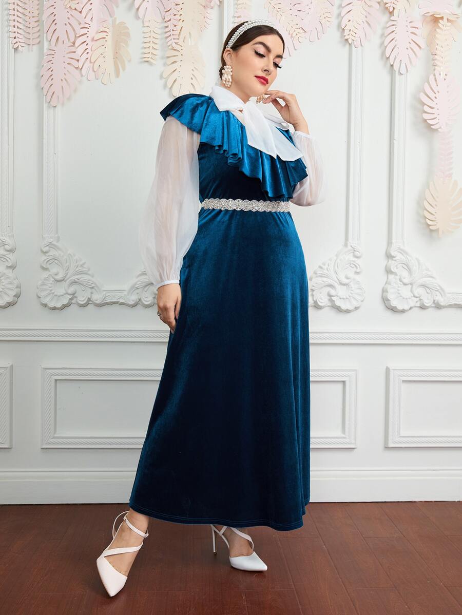 Modelyn Plus Tie Neck Blouse & Ruffle Trim Dress Without Belt - Navy Blue - View 1