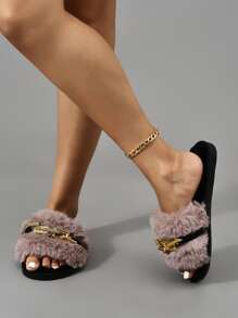 秋冬女士时尚纯粉色毛绒细节卧室拖鞋 - 藕粉色 - 查看 2