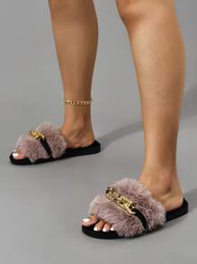 秋冬女士时尚纯粉色毛绒细节卧室拖鞋 - 藕粉色 - 查看 3
