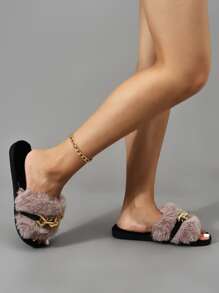 秋冬女士时尚纯粉色毛绒细节卧室拖鞋 - 藕粉色 - 查看 4