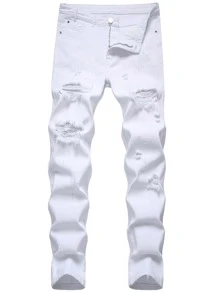 Manfinity Homme Men Ripped Frayed Cat Scratch Jeans - White - View 1