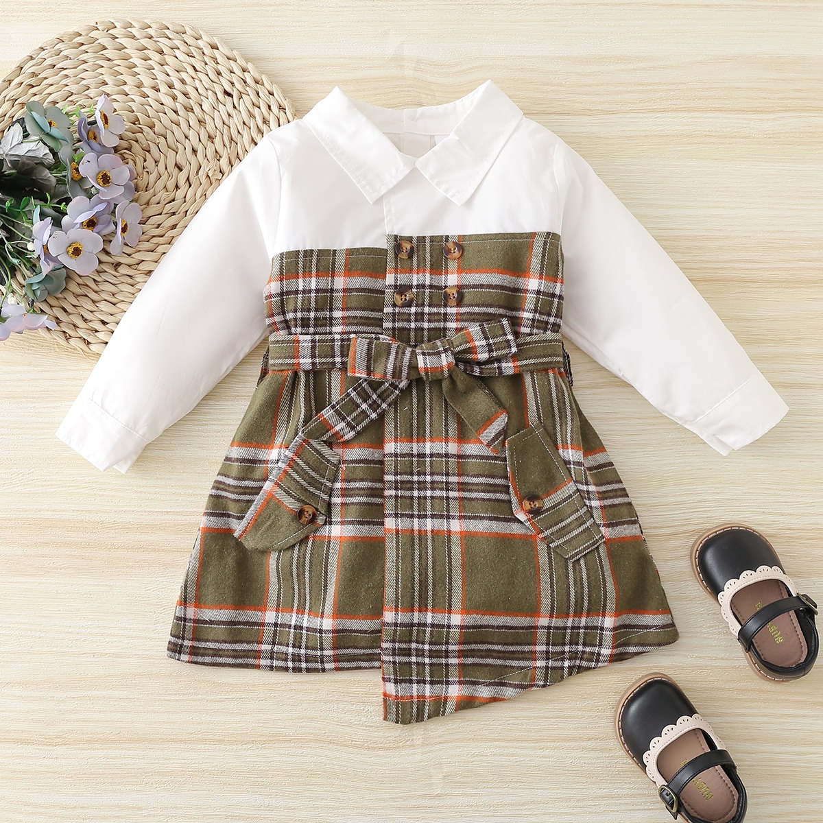 2 в 1 асимметричное платье в клетку с поясом для детей
