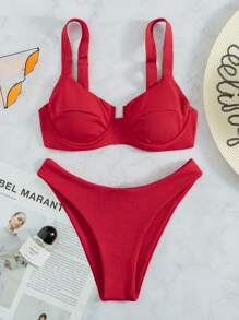 Rib Underwire High Cut Bikini Set, For Summer Beach Vacation - Red - View 3