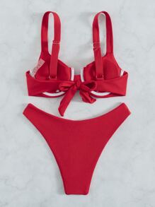 Rib Underwire High Cut Bikini Set, For Summer Beach Vacation - Red - View 4