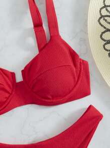 Rib Underwire High Cut Bikini Set, For Summer Beach Vacation - Red - View 5