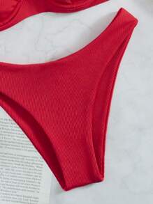 Rib Underwire High Cut Bikini Set, For Summer Beach Vacation - Red - View 6
