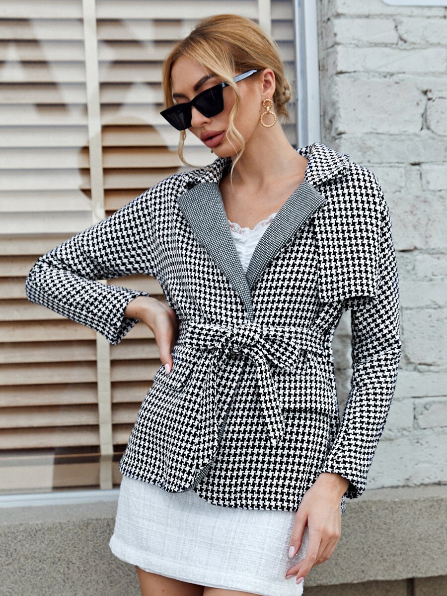 BizChic Houndstooth Open Front Belted Overcoat - Black and White - View 1