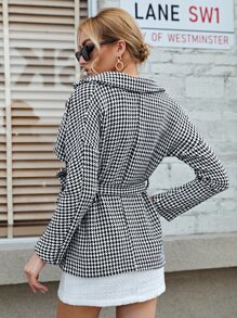 BizChic Houndstooth Open Front Belted Overcoat - Black and White - View 2