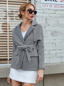 BizChic Houndstooth Open Front Belted Overcoat - Black and White - View 3