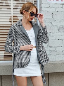 BizChic Houndstooth Open Front Belted Overcoat - Black and White - View 4