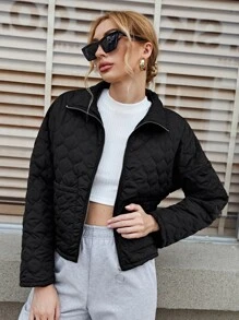 SHEIN Zip Up Quilted Coat - Black - View 1