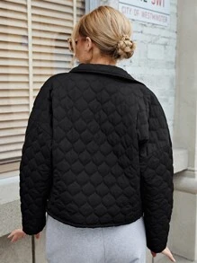 SHEIN Zip Up Quilted Coat - Black - View 2