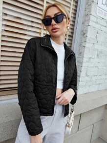 SHEIN Zip Up Quilted Coat - Black - View 4