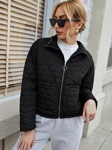SHEIN Zip Up Quilted Coat - Black - View 5