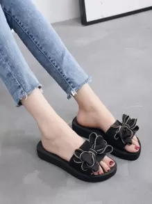 Giày trượt trang trí hình nơ, Giày nữ đi bộ thoải mái bằng phẳng dành cho nữ, Giày trượt trên bãi biển chống trượt hở ngón, Dép đi trong nhà & ngoài trời Dép nữ có nơ - màu đen - Xem 3